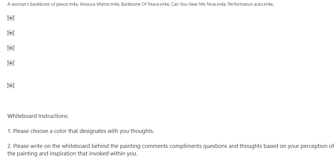 An email of links to the materials to be used during Noelle's live performance, which includes images of their paintings and a Maya Angelou audio recording.