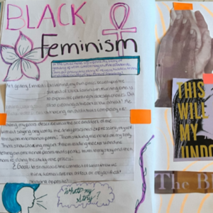 Journal opened up to show left side with "Black Feminism" header and some notes against the rights side with collage of related images.